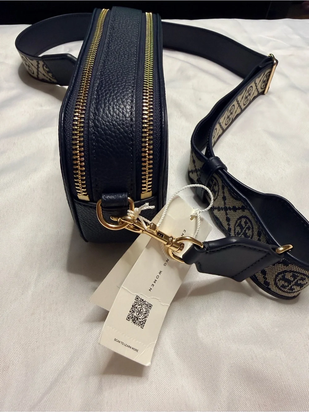 Tory Burch Navy Leather Camera Crossbody with Patterned Logo Strap